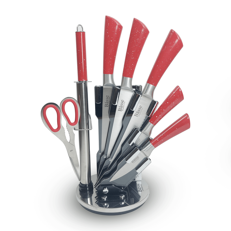 طقم سكاكين الشيف 7 قطع من باس، طقم سكاكين مطبخ من الستانلس ستيل 18/10، طقم أدوات مائدة حادة للغاية مع حامل ومقص ومسن